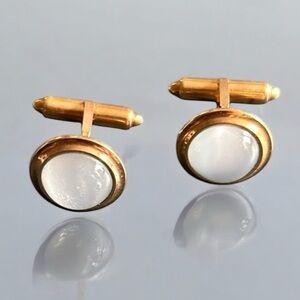 Vintage Opaque White Cabochon Stone Gold Tone Cufflinks